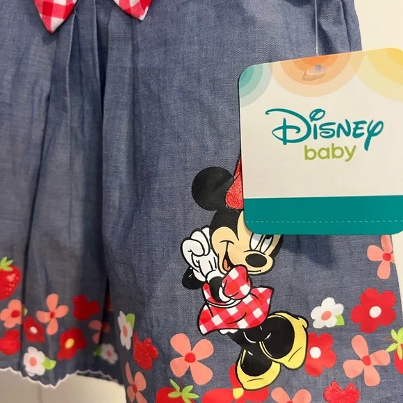 Disney Baby Blue Red Chambray Bow Floral Minnie Mouse Scalloped Dress 6-9 Months - Picture 3 of 6